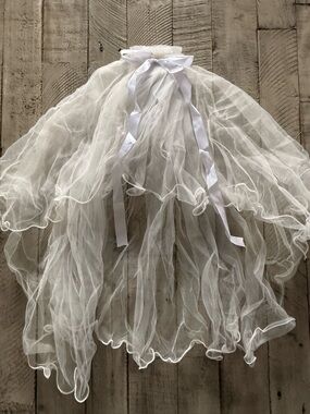 White Sheer Ruffled Double Layer Tulle Veil with Satin Ribbon NEW